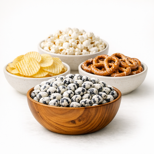 bowl of crunchy coated black soybeans in the front, bowl of popcorn, potato chips and pretzels in the back