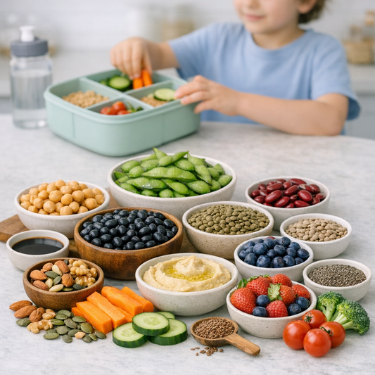 bowl of different beans, berries, vegetables on a countertop. young child packing lunch snack in the background