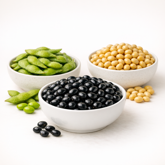 bowl of black soybeans, yellow soybeans and edamame in a white bowl