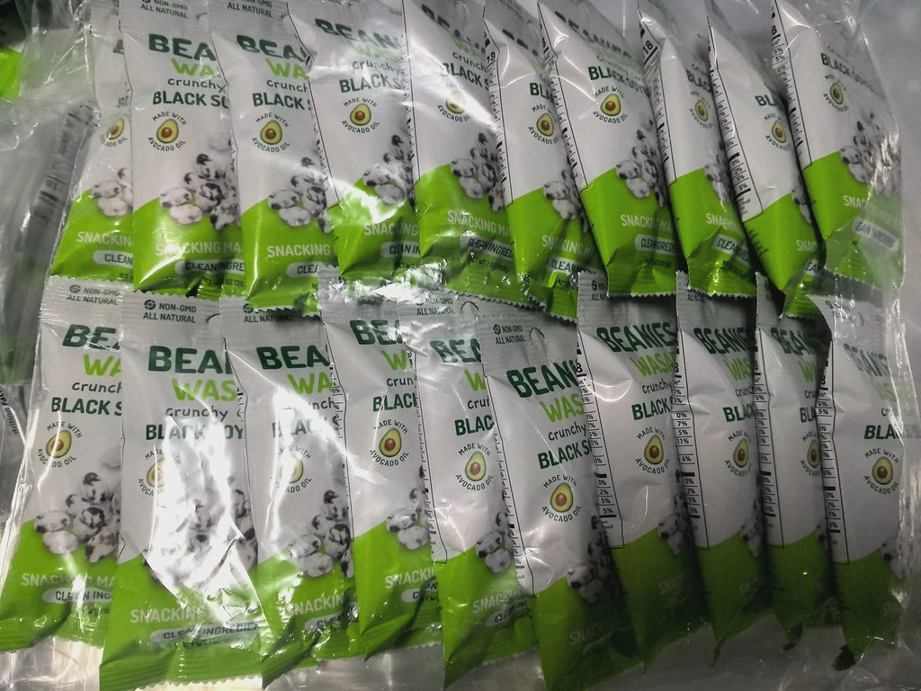 packages of wasabi flavored crunchy coated black soybean snacks